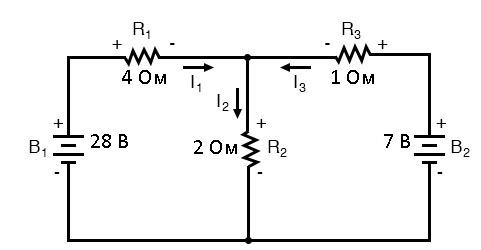 Рис. 5. На следующем шаге в методе токов ветвей обозначаем полярности падения напряжения на резисторах в соответствии с направлениями токов.