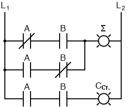 Рис. 2. Неполный сумматор, реализованный с помощью релейной логики.