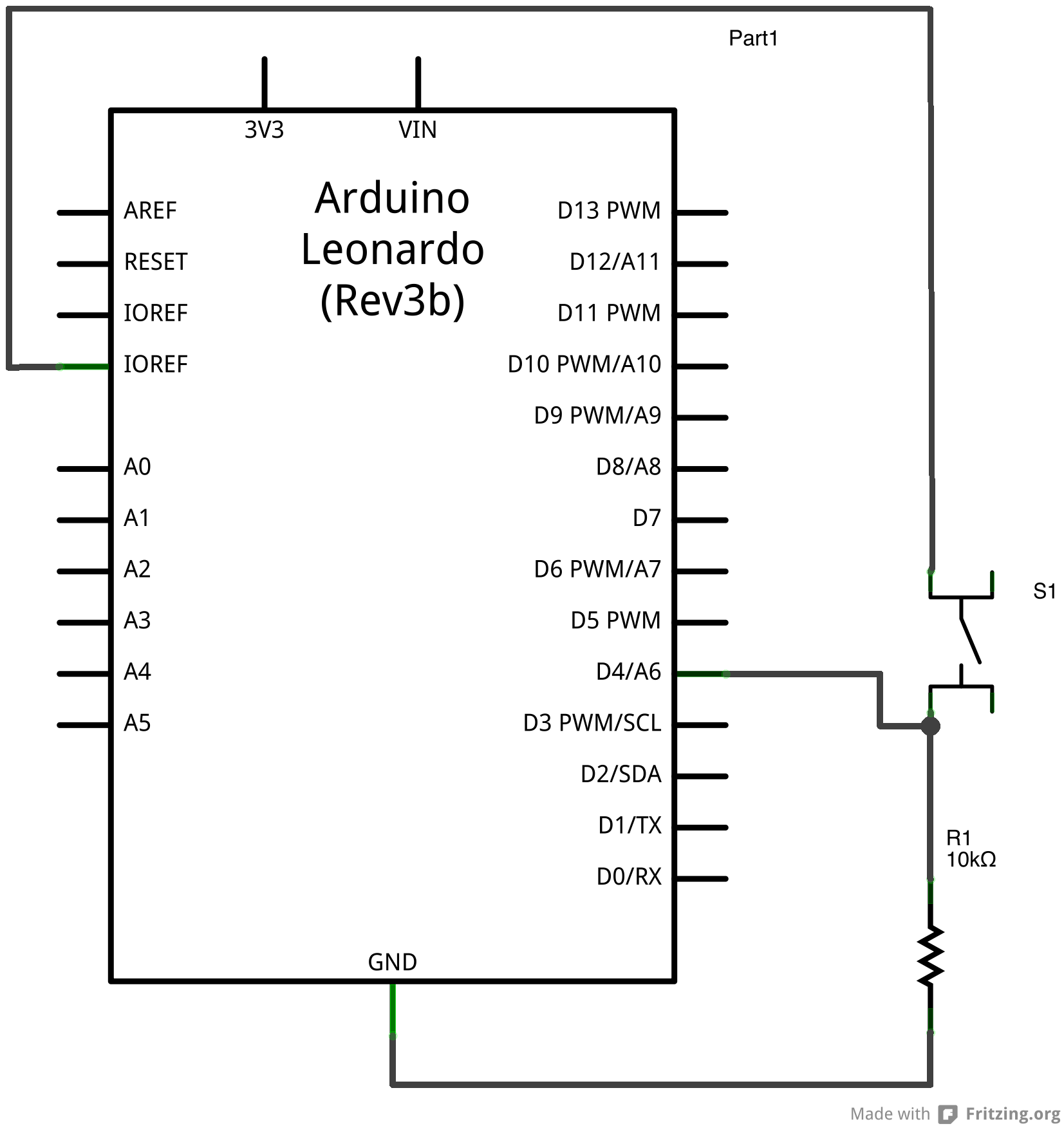 Рис. 2. Схема соединения платы Arduino и кнопки.