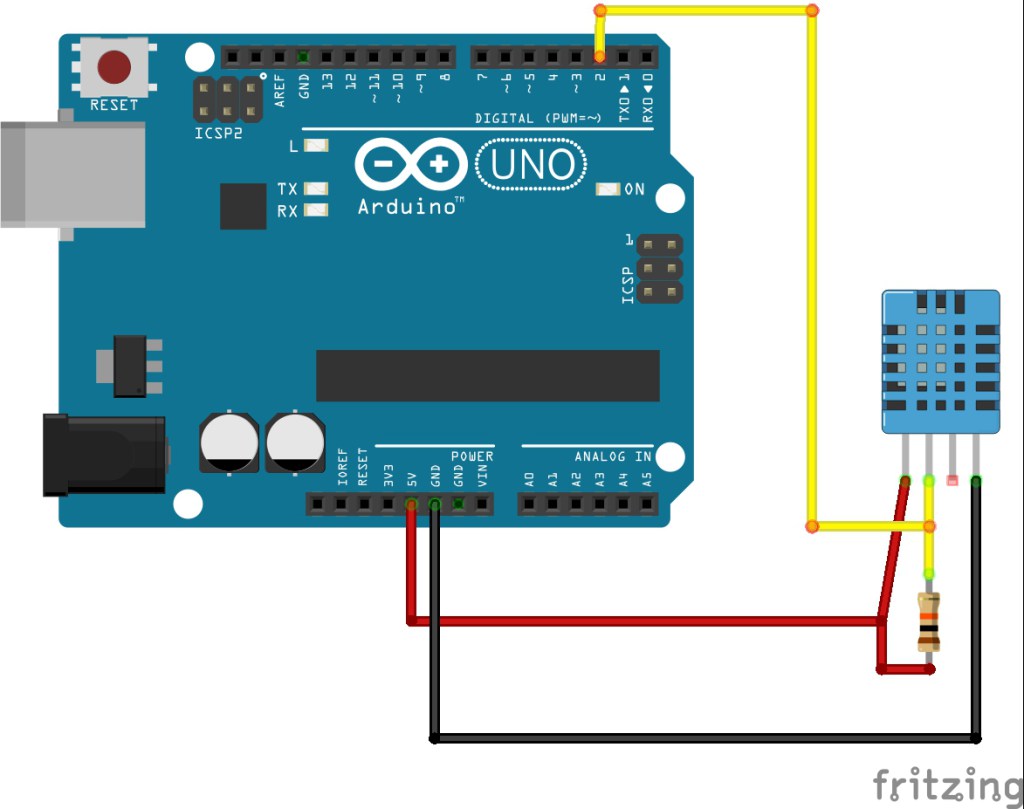 Рис. 3. Схема соединения платы Arduino с датчиком DHT11