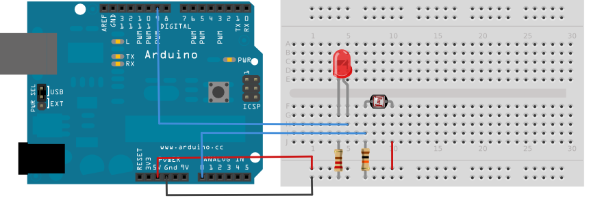 Рис. 1. Схема подключения светодиода и фоторезистора к плате Arduino