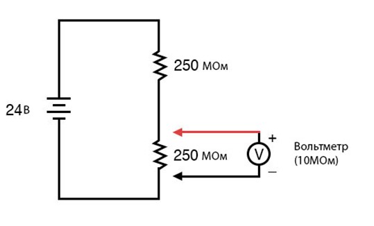Рис. 2. Вольтметр вместе с нижним резистором создаёт параллельную подцепь.