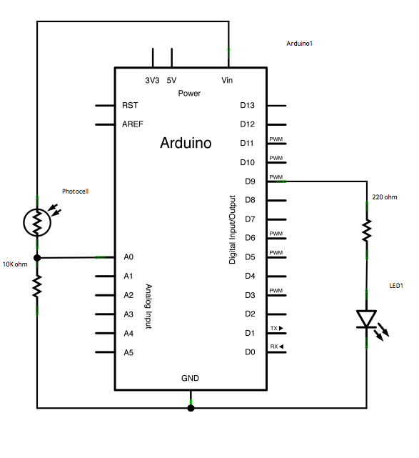 Рис. 2. Схема подключения светодиода и фоторезистора к плате Arduino