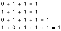 Рис. 2. Примеры сложения нескольких логических величин. Если среди слагаемых есть хотя бы одна единица, то и вся сумма равна единице.