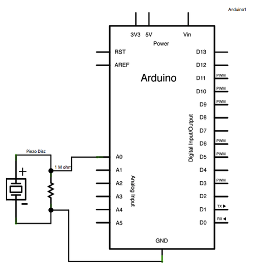Рис. 2. Схема подключения пьезоэлемента к плате Arduino.