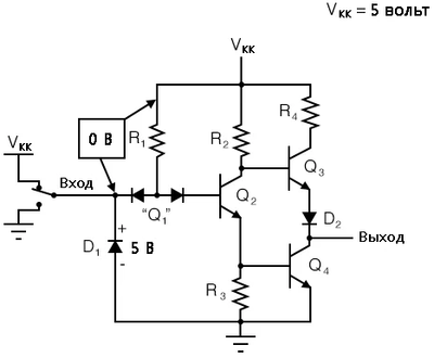 Рис. 3. Q1 показан не как транзистор, а как пара диодов.
