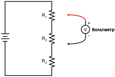 Рис. 1. Схематическая диаграмма: батарея, три последовательных резистора + вольтметр.