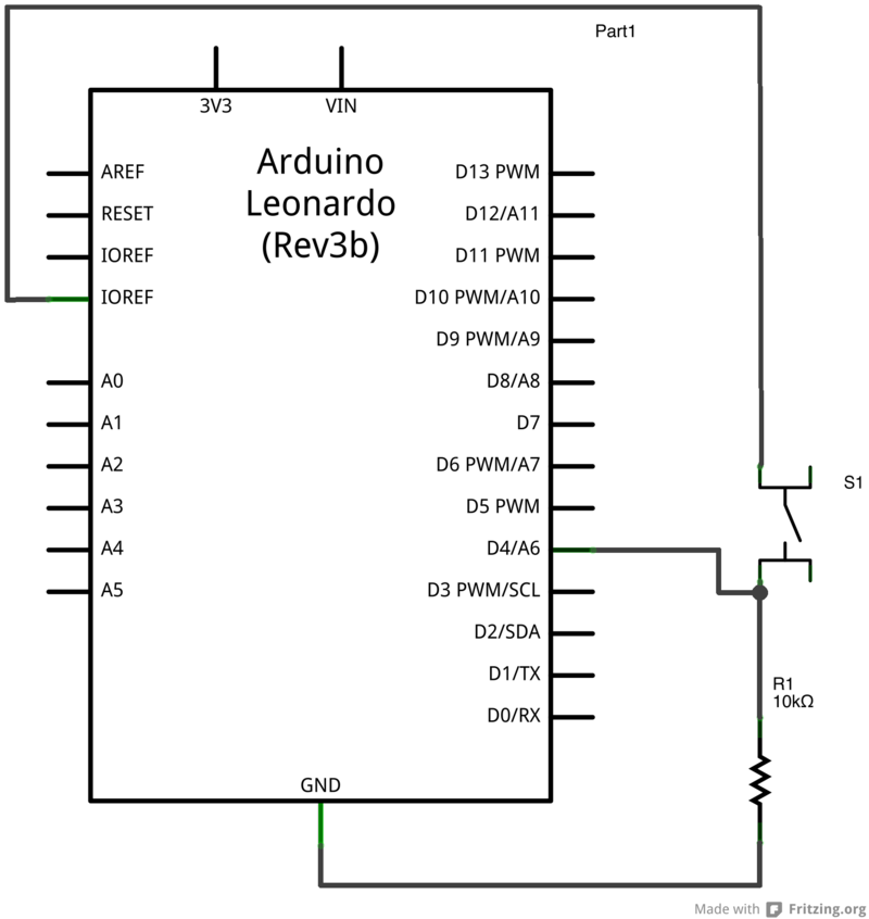 Рис. 2. Схема соединения платы Arduino и кнопки.