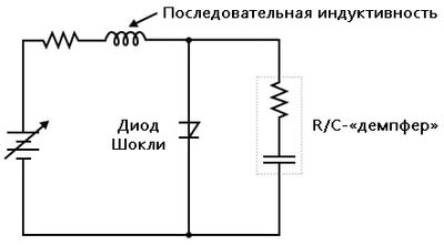 Рис. 12. И последовательная катушка индуктивности, и параллельная «демпферная» цепь резистор/конденсатор помогают минимизировать воздействие на диод Шокли чрезмерно возрастающего напряжения.
