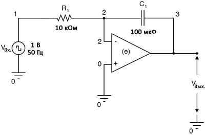 Рис. 17. Интегратор операционного усилителя (вход прямоугольный).