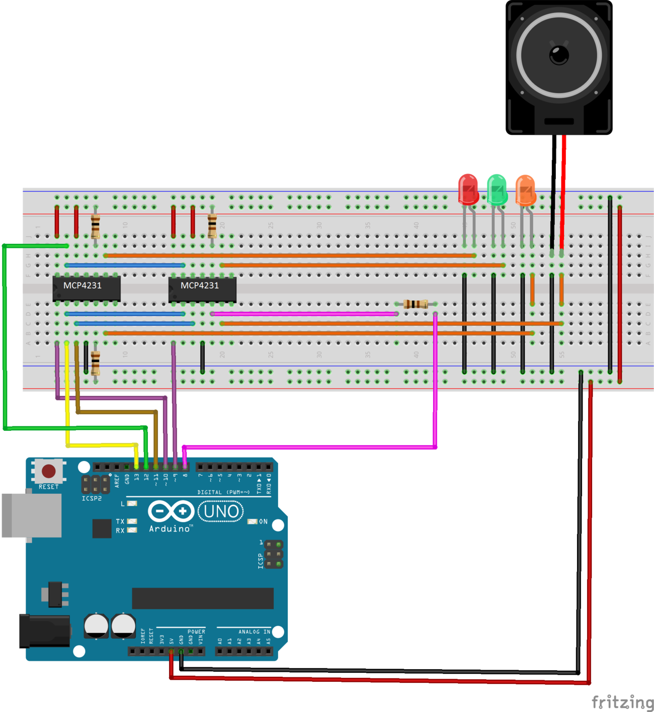 Рис. 1. Подключение светодиодов и динамика к двум цифровым потенциометрам MCP4231 и плате Arduino.