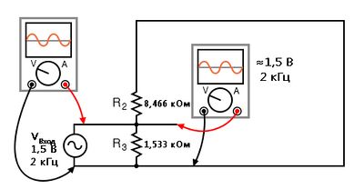 Рис. 15. Из-за очень низкого импеданса связующего конденсатора на частоте сигнала он ведёт себя как кусок провода, поэтому его можно не использовать на этом этапе анализа с помощью теоремы о суперпозиции.