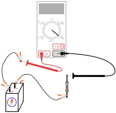 Рис. 4. Подключение амперметра для измерения силы тока в цепи.