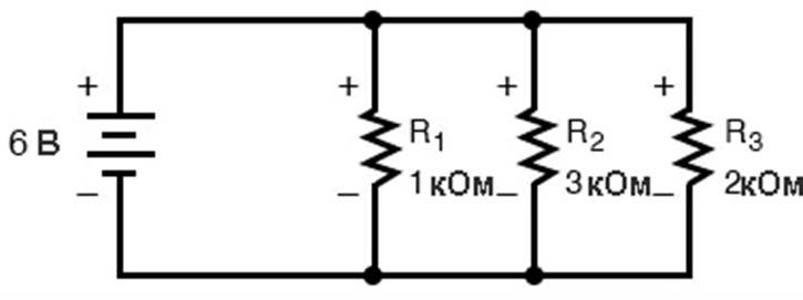 Рис. 1. Простая параллельная схема с тремя резисторами.