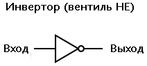 Рис. 3. Обозначение инвертора на схемах. Хотя на самом деле сам инвертор состоит из транзистора и пары резисторов.