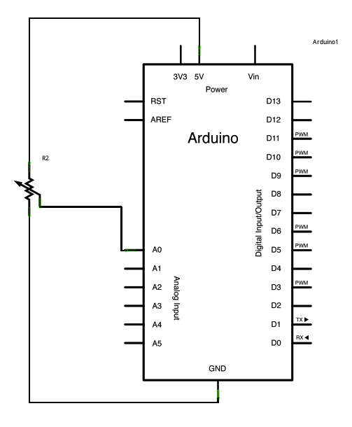 Рис. 2. Схема подключения потенциометра к плате Arduino.