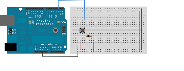 Рис. 1. Плата Arduino с подключенной кнопкой.