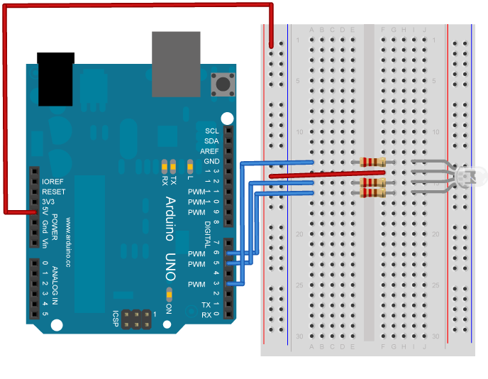 Подключение к плате Arduino RGB-светодиода с общим анодом