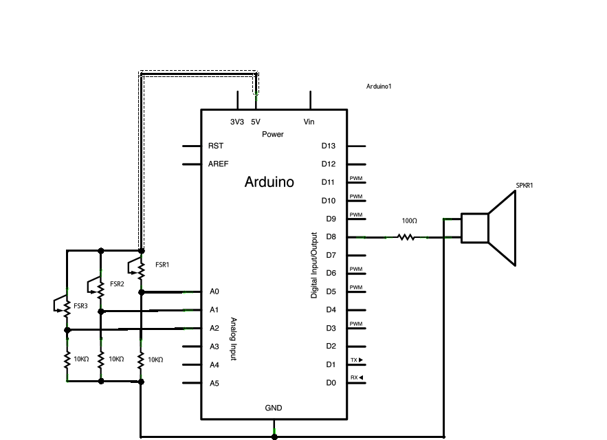 Рис. 2. Схема подключения к плате Arduino силоизмерительных резисторов и динамика