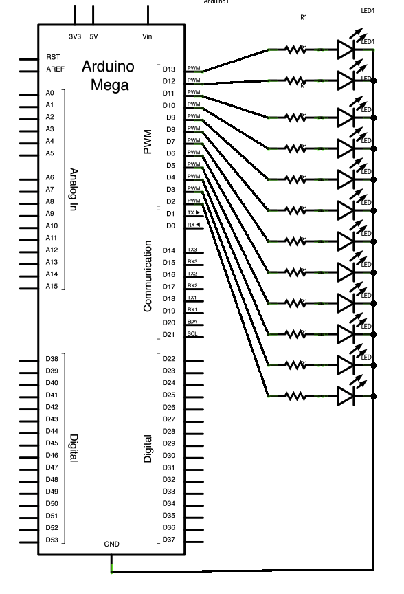 Рис. 2. Схема подключения 12 светодиодов к плате Arduino Mega.