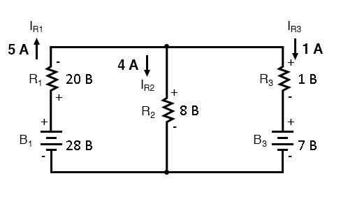 Рис. 8. Направления токов в ветках определяются полярностью напряжения резисторов, а не источников напряжения.