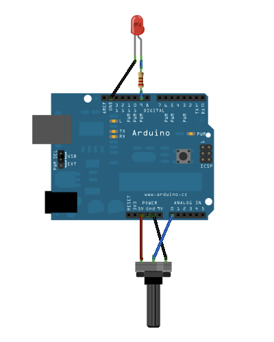 Рис. 1. Подключение светодиода и потенциометра к плате Arduino