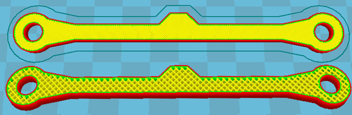 Тестовая модель в Cura: стенки 2-слойные (0,7 мм); заполнение – 25% (снизу) и 75% (сверху)