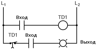 Рис. 5. Лестничная схема триггера, в которой используется реле с задержкой времени.