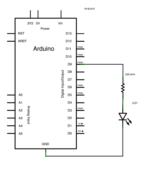 Рис. 2. Схема подключения светодиода к плате Arduino.