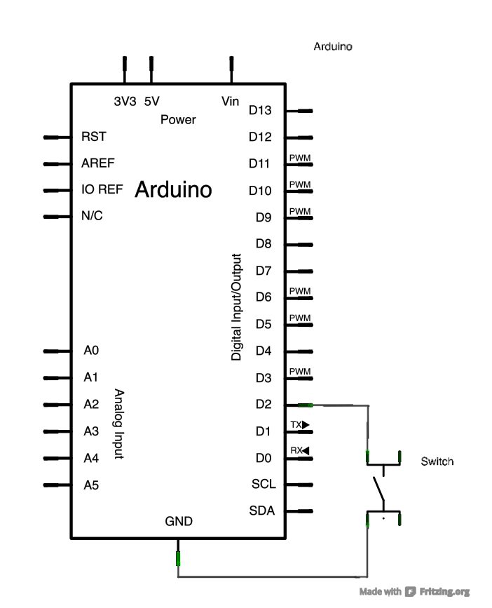 Рис. 2. Схема подключения кнопки к плате Arduino