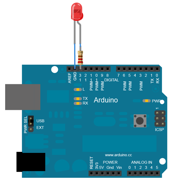 Рис. 1. Плата Arduino Uno с подключенным через резистор светодиодом к 13-му контакту.
