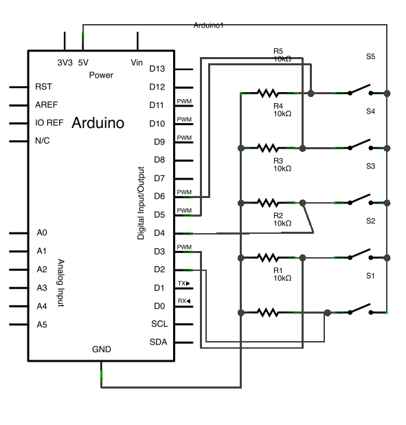 Рис. 2. Схема соединения платы Arduino и 5 кнопок.