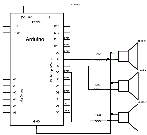 Рис. 2. Схема подключения трёх динамиков к плате Arduino Uno