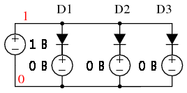 Рис. 2. Схема для программы SPICE, в которой сравним модель диода от производителя (D1), модели, параметры которой зададим исходя из таблиц выше (D2) и модели диода с характеристиками по умолчанию (D3).