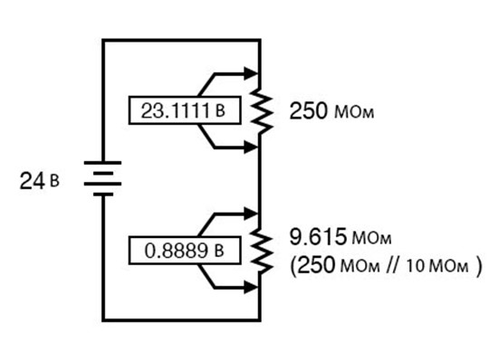 Рис. 3. После подключения вольтметра напряжение на обоих резисторах теперь не по 12 вольт.