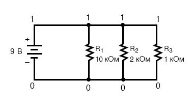 Рис. 10. Простая параллельная электрическая цепь с обновлённой нумерацией, показывающей электрически общие точки.