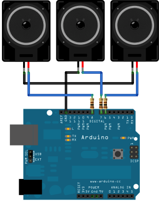 Рис. 1. Плата Arduino Uno с подключенными тремя динамиками