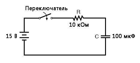 Рис. 4. Пример схемы «резисторного-конденсатор» из раздела про переходные процессы в RC-цепях.