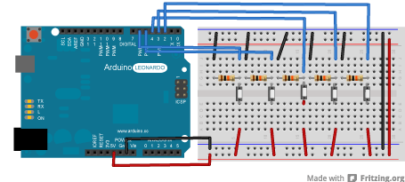 Рис. 1. Схема соединения платы Arduino и 5 кнопок.