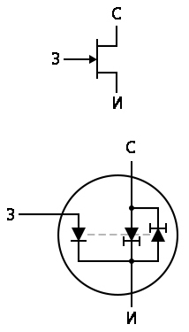 Рис. 8. Диодная модель с регулирующим диодом для полевого транзистора с каналом N-типа.