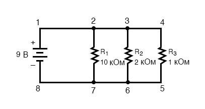 Рис. 9. Простая параллельная электрическая цепь со старой нумерацией.
