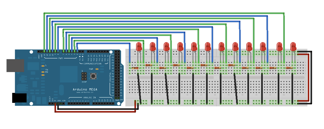 Рис. 1. Подключение 12 светодиодов к плате Arduino Mega.