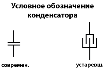 Рис. 1. Современное (слева) и устаревшее (справа) обозначение конденсаторов в электрических схемах.