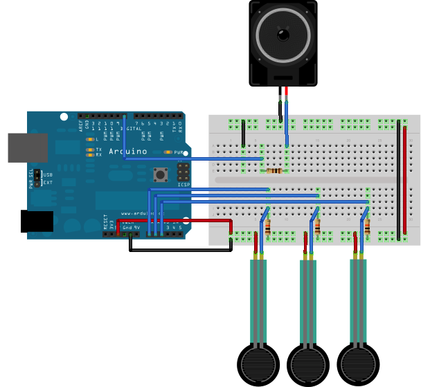 Рис. 1. Подключение к плате Arduino силоизмерительных резисторов и динамика
