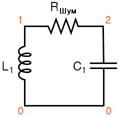 Рис. 4. Колебательный контур (катушка индуктивности + конденсатор) с отмеченными узлами.