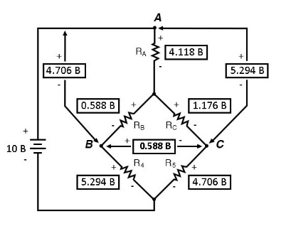 Рис. 9. Определяем напряжения между точками A, B и C. Направления полярностей у пар RA/RB и RA/RC совпадает, поэтому эти напряжения складываем, получая напряжение на участке между точками. Направления полярностей у пары RB/RC взаимно противоположны, чтобы получить напряжение между точками B и C, вычитаем напряжения у соответствующих резисторов.