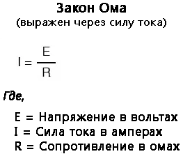 Рис. 3. Формула закона Ома (выраженного через силу тока) для сравнения расчётных данных с результатами измерений.