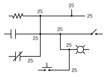 Рис. 4. Электрическая непрерывность отмечается точками с указанием одного и того же общего провода для множества различных устройств.
