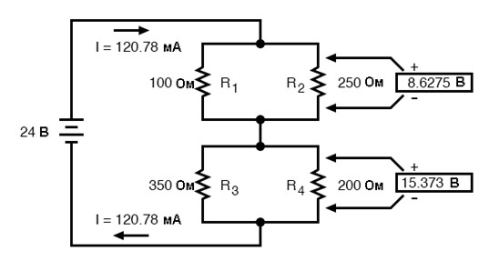 Рис. 13. Мы вернулись к изначальной принципиальной схеме. Для отдельных резисторов указано напряжение.