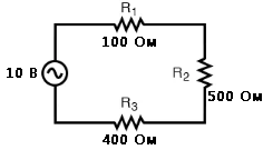 Рис. 1. Простая цепь, содержащая последовательные резисторы и источник переменного тока.